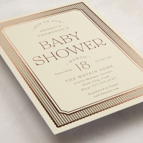 This is a fawn foil stamped baby shower invitations with foil pressed by Robert and Stella called brooke printing on signature in standard