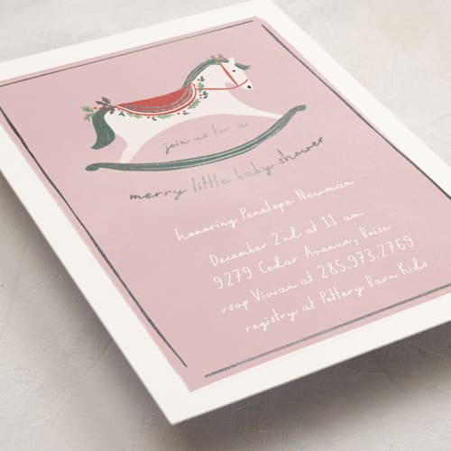 This is a candied foil stamped baby shower invitations with foil pressed by Rebecca Durflinger called festive rocking horse printing on signature in standard