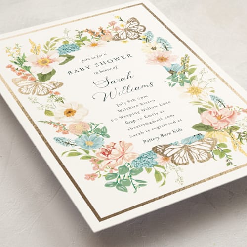 This is a sky foil stamped baby shower invitations with foil pressed by Susan Moyal called butterflies & botanicals printing on signature in standard