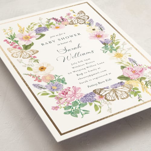 This is a lilac foil stamped baby shower invitations with foil pressed by Susan Moyal called butterflies & botanicals printing on signature in standard