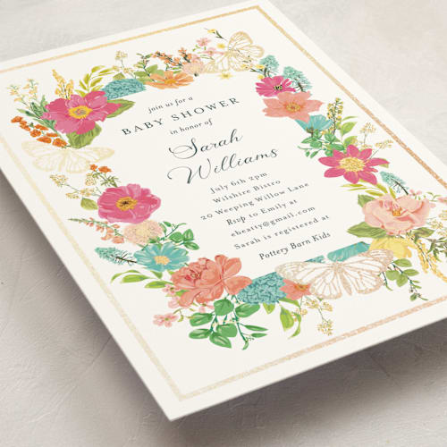 This is a tropical foil stamped baby shower invitations with foil pressed by Susan Moyal called butterflies & botanicals printing on signature in standard
