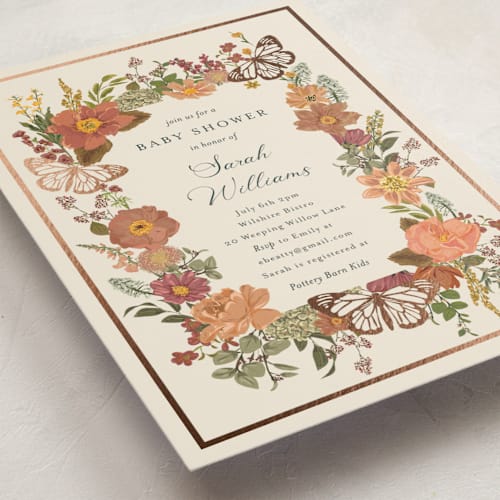 This is a harvest foil stamped baby shower invitations with foil pressed by Susan Moyal called butterflies & botanicals printing on signature in standard