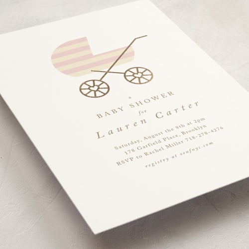 This is a lemonade foil stamped baby shower invitations with foil pressed by mo kelley called striped baby buggy printing on signature in standard