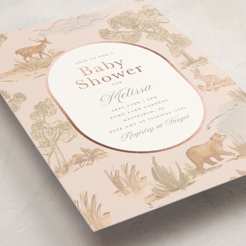 This is a petal foil stamped baby shower invitations with foil pressed by Teju Reval called woodland animals toile printing on signature in standard