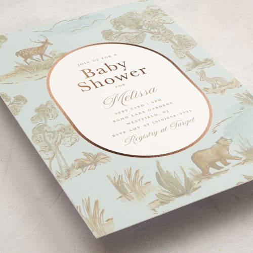 This is a sky foil stamped baby shower invitations with foil pressed by Teju Reval called woodland animals toile printing on signature in standard