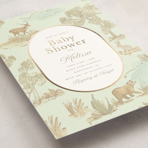 This is a leaf foil stamped baby shower invitations with foil pressed by Teju Reval called woodland animals toile printing on signature in standard