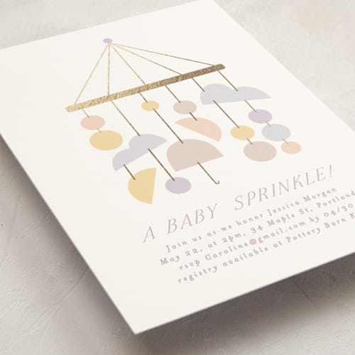 This is a chalk foil stamped baby shower invitations with foil pressed by Angela Thompson called mod baby printing on signature in standard