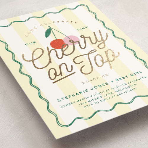 This is a sunflower foil stamped baby shower invitations with foil pressed by Kiersten Garner called tiny cherry on top printing on signature in standard