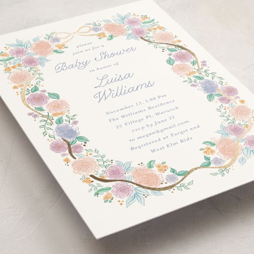 This is a lilac foil stamped baby shower invitations with foil pressed by Tamara Hilje called garden magic printing on signature in standard