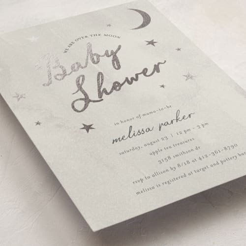 This is a storm foil stamped baby shower invitations with foil pressed by Ilene Guy called midnight stars printing on signature in standard