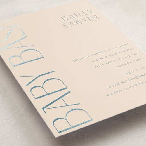 This is a powder foil stamped baby shower invitations with foil pressed by Deynaaz Daraei called ephrata printing on signature in standard