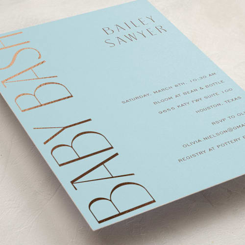 This is a chocolate foil stamped baby shower invitations with foil pressed by Deynaaz Daraei called ephrata printing on signature in standard
