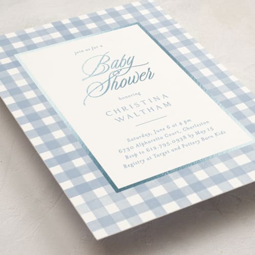 This is a pond foil stamped baby shower invitations with foil pressed by Creo Study called classic gingham printing on signature in standard