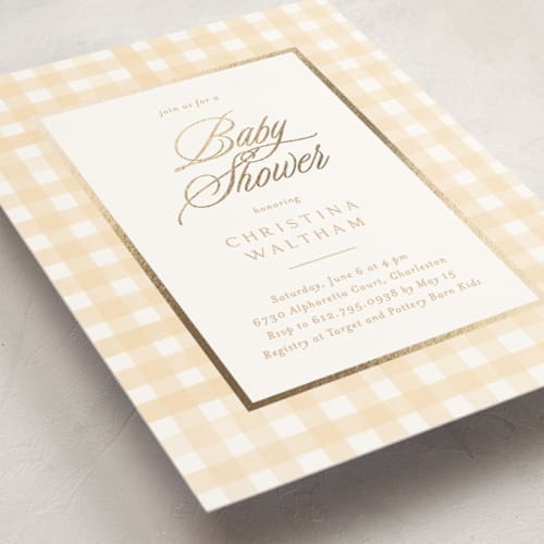 This is a buttercup foil stamped baby shower invitations with foil pressed by Creo Study called classic gingham printing on signature in standard