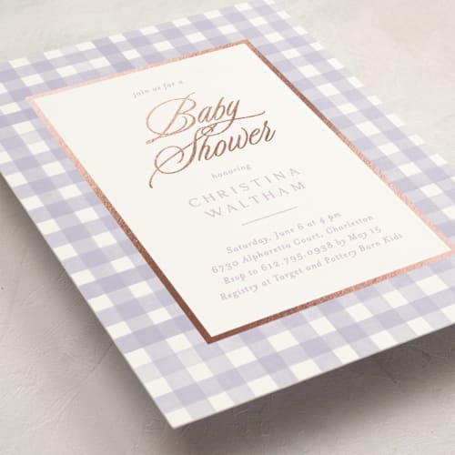 This is a berry foil stamped baby shower invitations with foil pressed by Creo Study called classic gingham printing on signature in standard