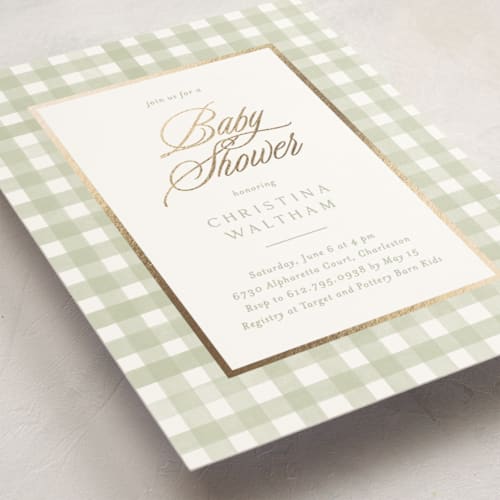 This is a wasabi foil stamped baby shower invitations with foil pressed by Creo Study called classic gingham printing on signature in standard