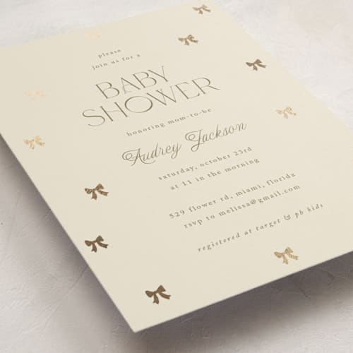 This is a vanilla foil stamped baby shower invitations with foil pressed by Vera Lim called mini bows printing on signature in standard