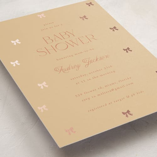 This is a custard foil stamped baby shower invitations with foil pressed by Vera Lim called mini bows printing on signature in standard