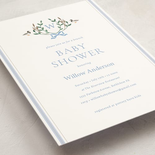This is a powder foil stamped baby shower invitations with foil pressed by Rebecca Marchese called southern mallard duck printing on signature in standard