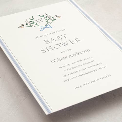 This is a smoke foil stamped baby shower invitations with foil pressed by Rebecca Marchese called southern mallard duck printing on signature in standard