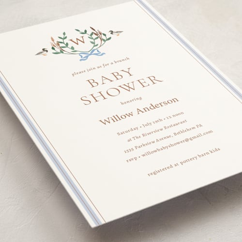 This is a almond foil stamped baby shower invitations with foil pressed by Rebecca Marchese called southern mallard duck printing on signature in standard