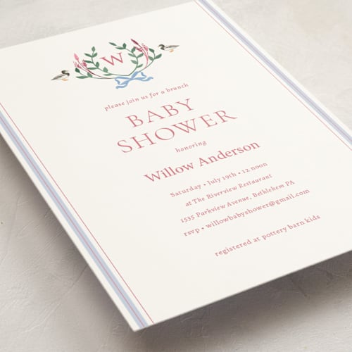 This is a bubblegum foil stamped baby shower invitations with foil pressed by Rebecca Marchese called southern mallard duck printing on signature in standard