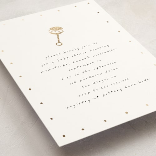 This is a cotton foil stamped baby shower invitations with foil pressed by Stacy Maalouf called foil rattle printing on signature in standard