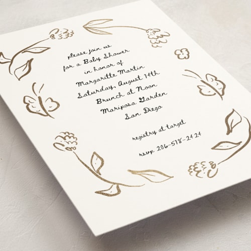 This is a cloud foil stamped baby shower invitations with foil pressed by Ani Somi called golden flowers printing on signature in standard