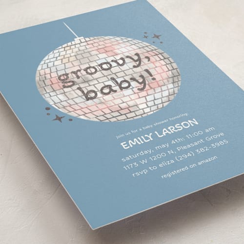 This is a cobalt foil stamped baby shower invitations with foil pressed by Janna Sue Design called groovy baby printing on signature in standard