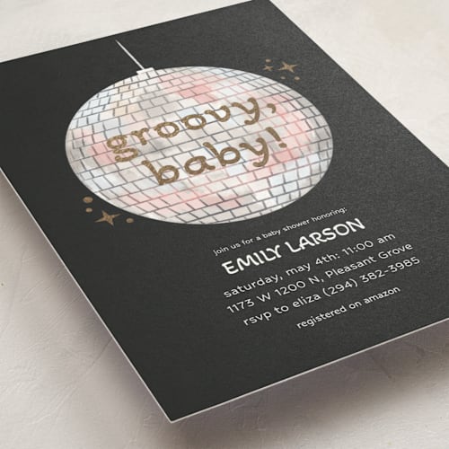This is a noir foil stamped baby shower invitations with foil pressed by Janna Sue Design called groovy baby printing on signature in standard
