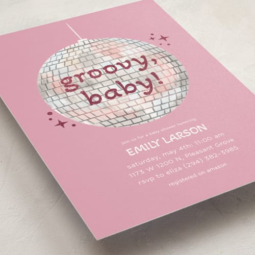 This is a blush foil stamped baby shower invitations with foil pressed by Janna Sue Design called groovy baby printing on signature in standard