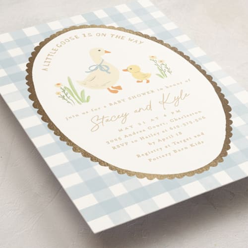 This is a sky foil stamped baby shower invitations with foil pressed by Creo Study called vintage goose printing on signature in standard
