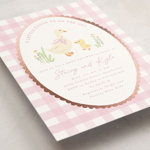This is a rose foil stamped baby shower invitations with foil pressed by Creo Study called vintage goose printing on signature in standard