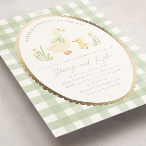 This is a garden foil stamped baby shower invitations with foil pressed by Creo Study called vintage goose printing on signature in standard