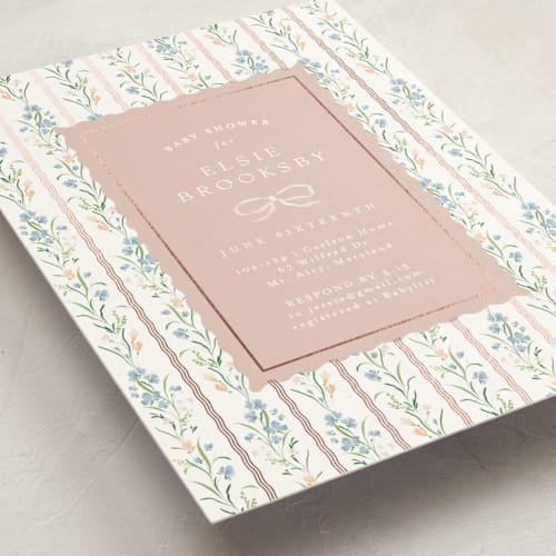 This is a peachy foil stamped baby shower invitations with foil pressed by Erin L. Wilson called dorothy printing on signature in standard