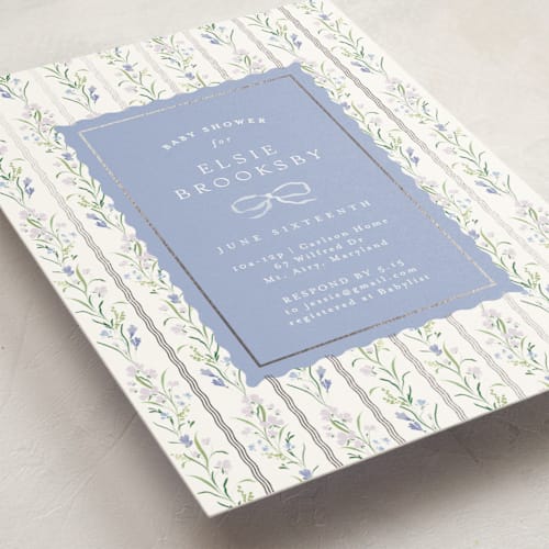 This is a lavender foil stamped baby shower invitations with foil pressed by Erin L. Wilson called dorothy printing on signature in standard