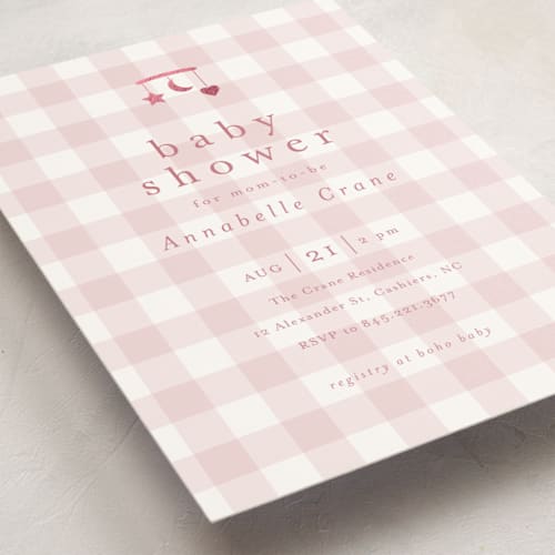 This is a petal foil stamped baby shower invitations with foil pressed by Stacey Meacham called gingham mobile printing on signature in standard