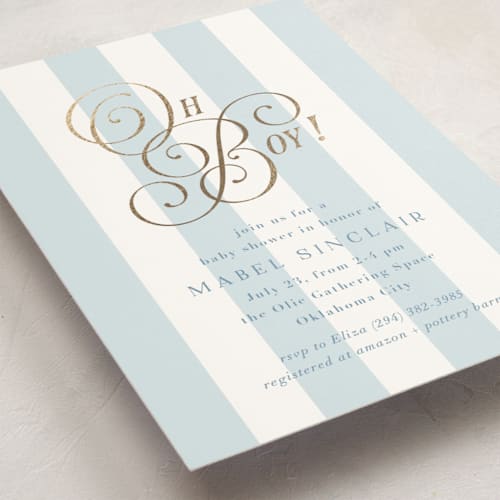 This is a bluebonnet foil stamped baby shower invitations with foil pressed by Laura Hankins called oh boy! printing on signature in standard