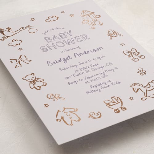 This is a lavender foil stamped baby shower invitations with foil pressed by Cass Loh called bundle of joy sketches printing on signature in standard