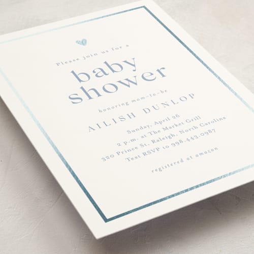 This is a provincial blue foil stamped baby shower invitations with foil pressed by Stacey Meacham called heartbeat printing on signature in standard