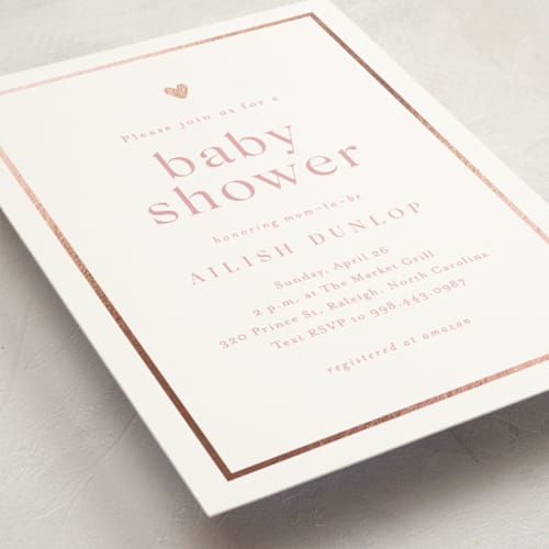 This is a ballet slipper foil stamped baby shower invitations with foil pressed by Stacey Meacham called heartbeat printing on signature in standard