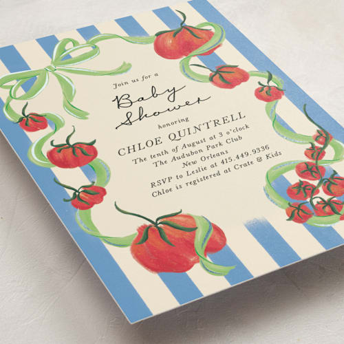 This is a lime foil stamped baby shower invitations with foil pressed by Jackie Crawford called petit pomodoro printing on signature in standard