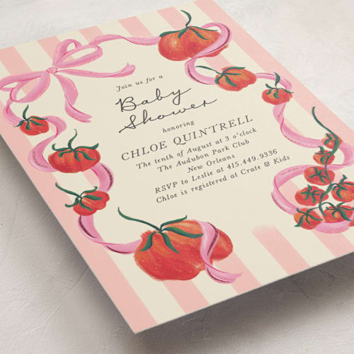 This is a sherbert foil stamped baby shower invitations with foil pressed by Jackie Crawford called petit pomodoro printing on signature in standard