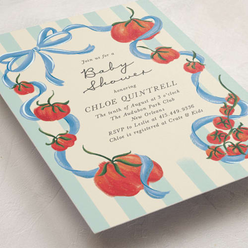 This is a sky foil stamped baby shower invitations with foil pressed by Jackie Crawford called petit pomodoro printing on signature in standard
