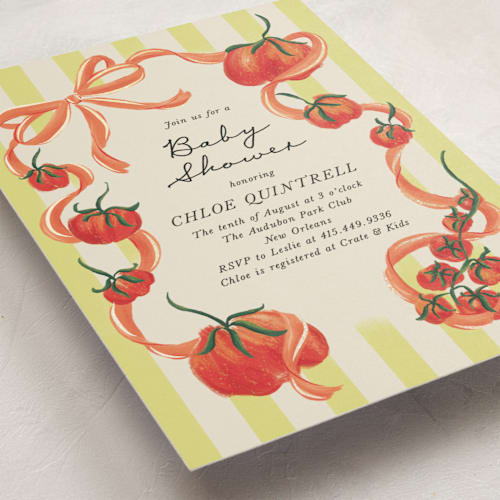 This is a sunshine foil stamped baby shower invitations with foil pressed by Jackie Crawford called petit pomodoro printing on signature in standard