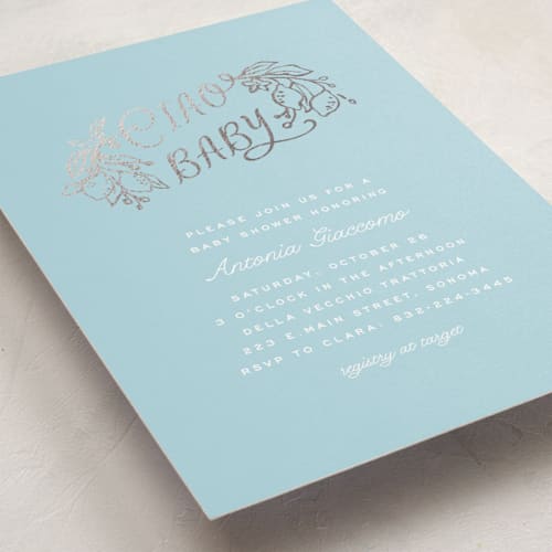 This is a ciello foil stamped baby shower invitations with foil pressed by Pati Cascino called ciao baby printing on signature in standard
