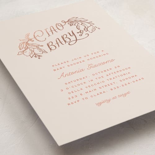 This is a coral foil stamped baby shower invitations with foil pressed by Pati Cascino called ciao baby printing on signature in standard