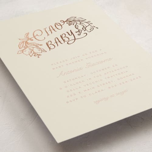 This is a blush foil stamped baby shower invitations with foil pressed by Pati Cascino called ciao baby printing on signature in standard