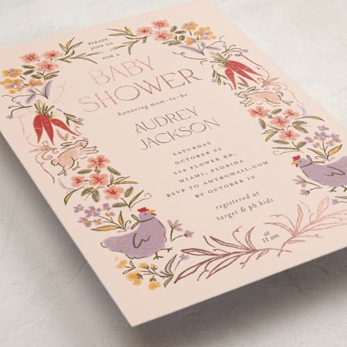 This is a rose milk foil stamped baby shower invitations with foil pressed by Vera Lim called whimsical frame printing on signature in standard