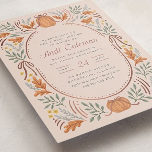 This is a orchid foil stamped baby shower invitations with foil pressed by Laura Hankins called pumpkins + bows printing on signature in standard